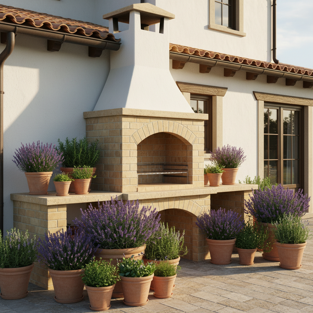 Elegancki, murowany grill z jasnej, piaskowej cegły, idealnie komponujący się z elewacją domu w stylu śródziemnomorskim widoczną w tle. Grill otoczony jest donicami z lawendą i ziołami, tworząc spójną, estetyczną kompozycję.