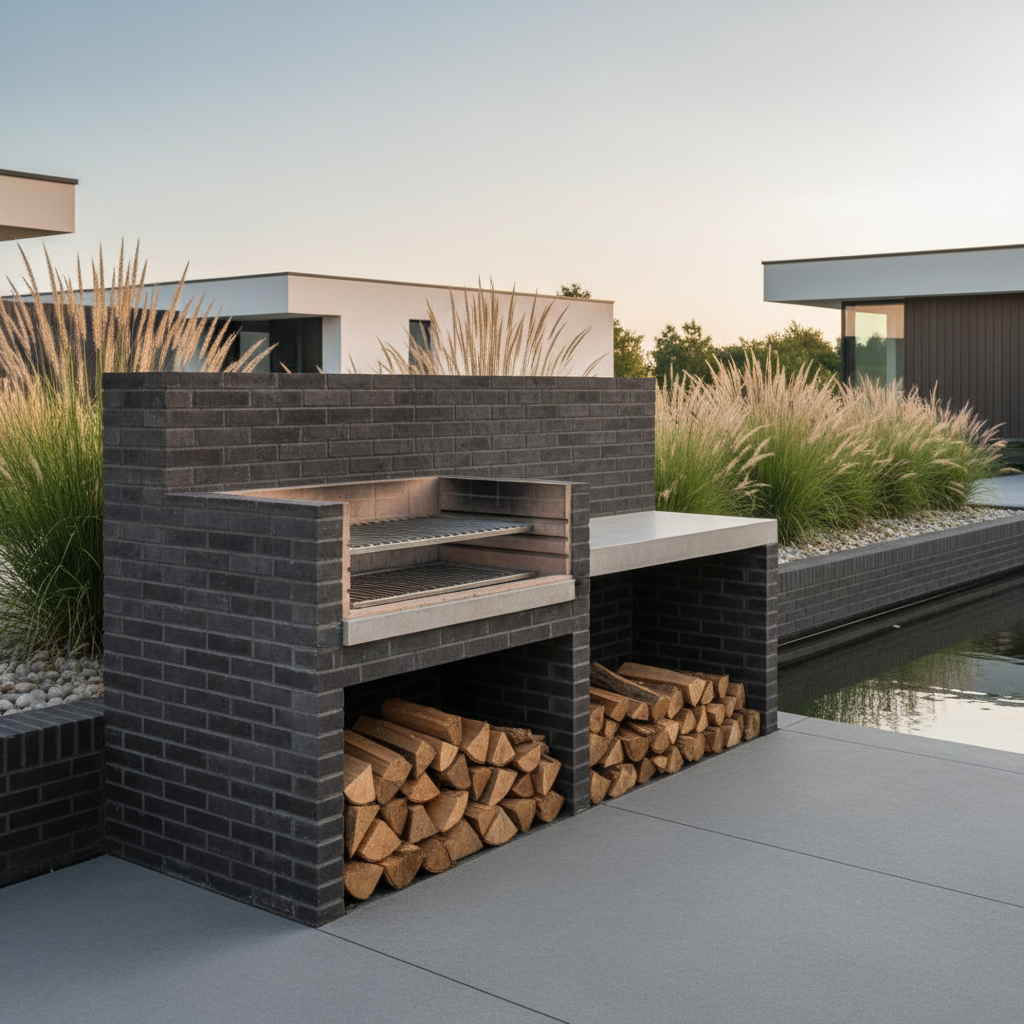 Nowoczesny murowany grill ogrodowy z ciemnoszarej cegły klinkierowej, zintegrowany z bocznym blatem roboczym i wnęką do przechowywania drewna. Całość stoi na tle minimalistycznej aranżacji ogrodu z ozdobnymi trawami.