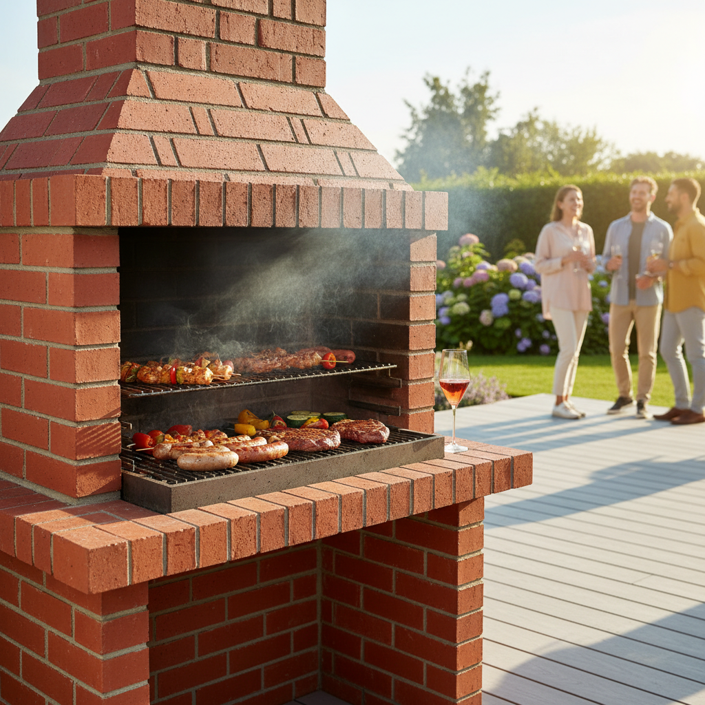 Piękny, murowany grill z czerwonej cegły klinkierowej stojący na nowoczesnym tarasie w słoneczny dzień. W tle widać zadbany ogród i niewyraźne postacie biesiadników. Na ruszcie grillują się apetyczne potrawy. Ujęcie w ciepłym, letnim świetle.