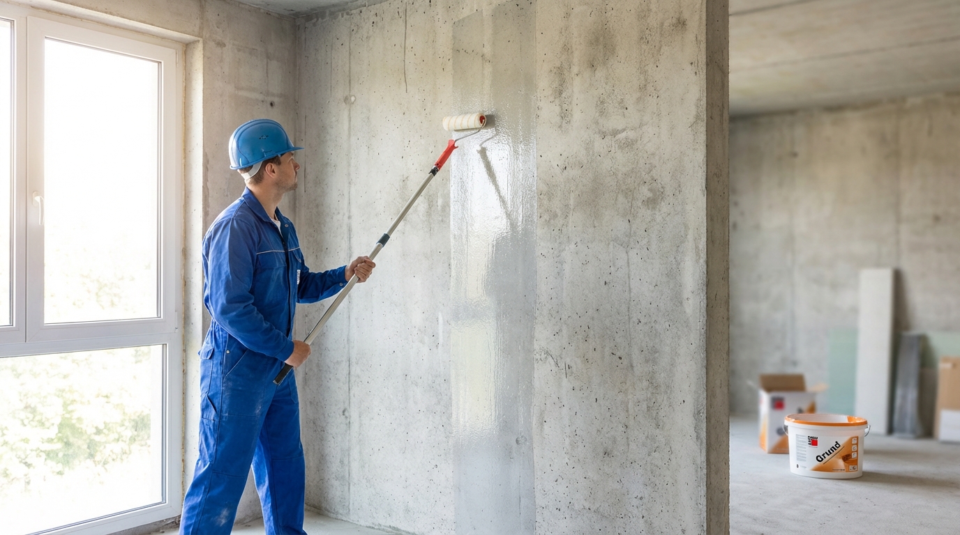 Profesjonalista w czystym stroju roboczym, używając wałka malarskiego na długim kiju, starannie nakłada przezroczysty środek gruntujący na dużą, betonową ścianę w nowo budowanym pomieszczeniu. Światło dzienne wpadające przez duże okno podkreśla fakturę ściany i profesjonalizm wykonania. W tle widać opakowanie produktu Baumit Grund.