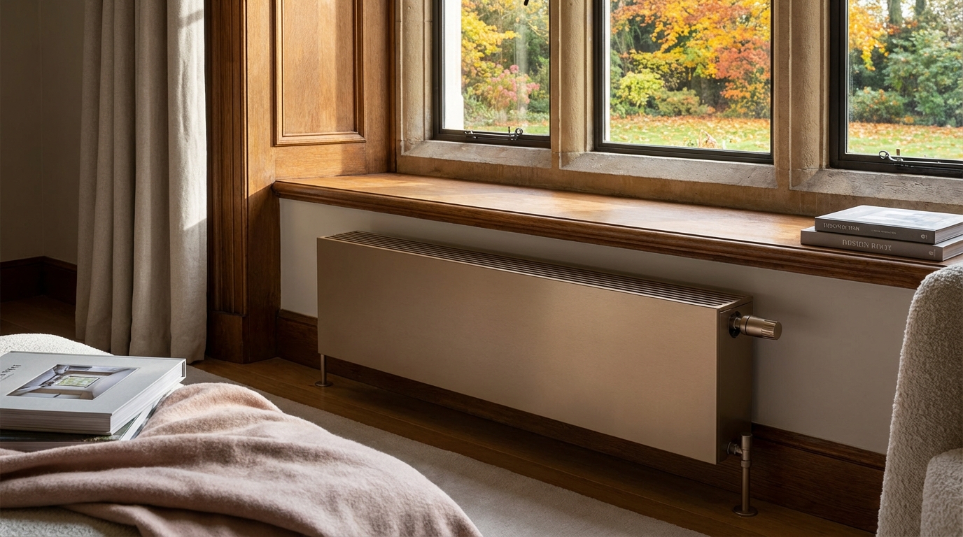 Eleganckie wnętrze z dużym oknem wychodzącym na jesienny ogród. Pod parapetem idealnie wkomponowany jest nowoczesny, smukły grzejnik aluminiowy. Kadr skupia się na detalu grzejnika i jego harmonijnym połączeniu z architekturą wnętrza, symbolizującym inteligentne i estetyczne ogrzewanie.