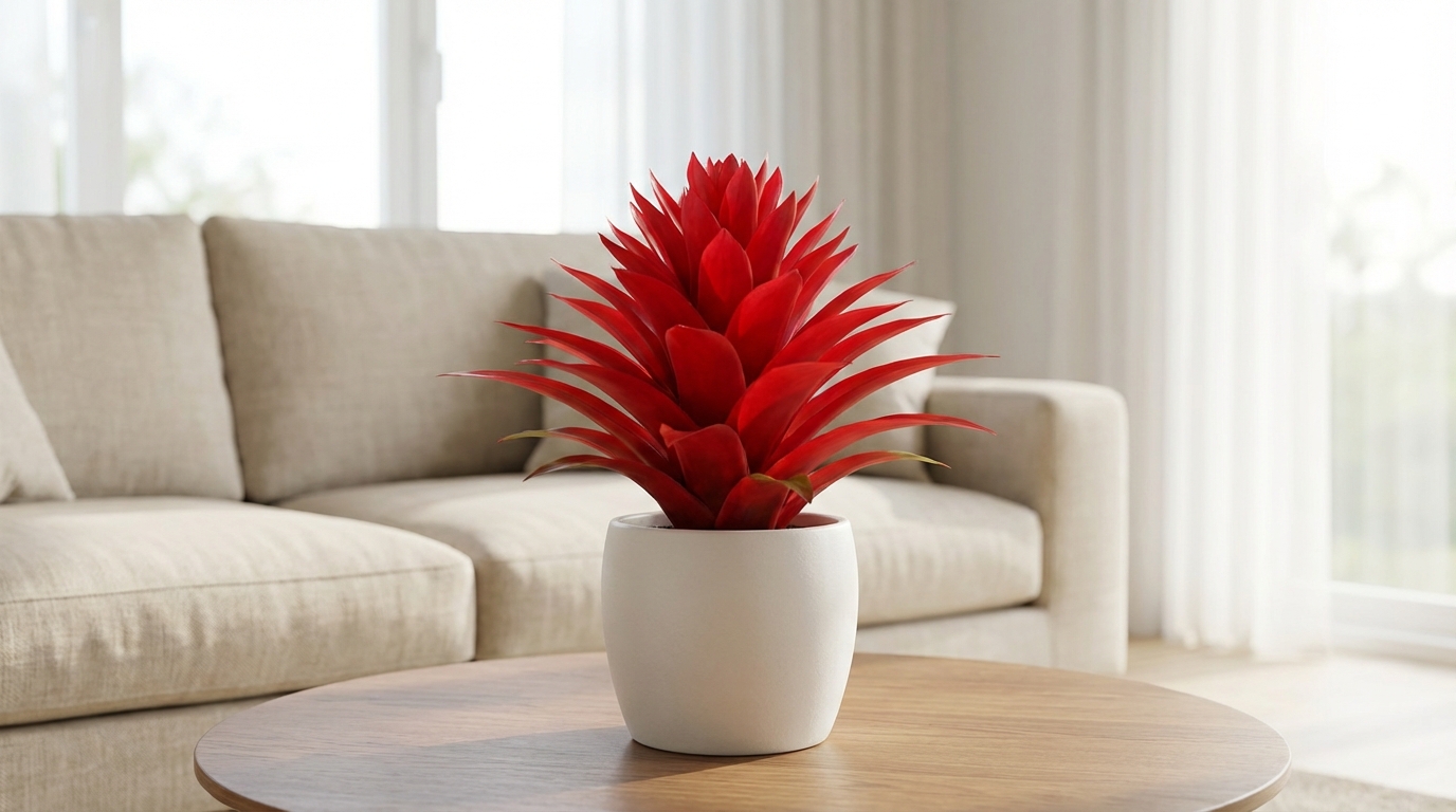 Spektakularna roślina Guzmania z intensywnie czerwoną rozetą przykwiatków, stojąca w minimalistycznej, białej doniczce na drewnianym stoliku kawowym. W tle znajduje się nowocześnie urządzony, jasny salon z sofą i rozproszonym, miękkim światłem wpadającym przez okno.
