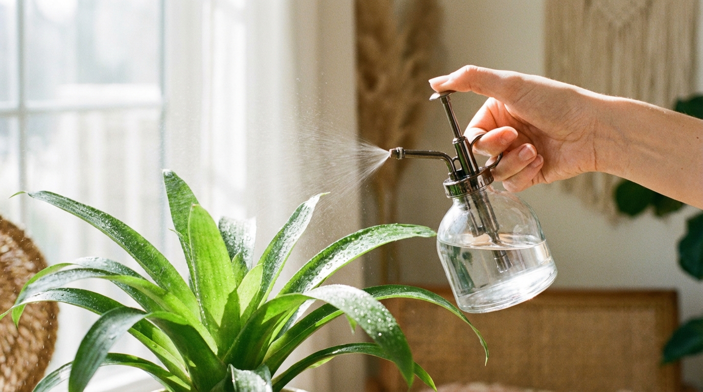 Delikatna dłoń trzymająca stylowy, szklany spryskiwacz, z którego rozpylana jest mgiełka wodna na zielone liście Guzmany. Krople wody subtelnie osiadają na roślinie, podkreślając jej świeżość. Całość w jasnej, naturalnej estetyce.