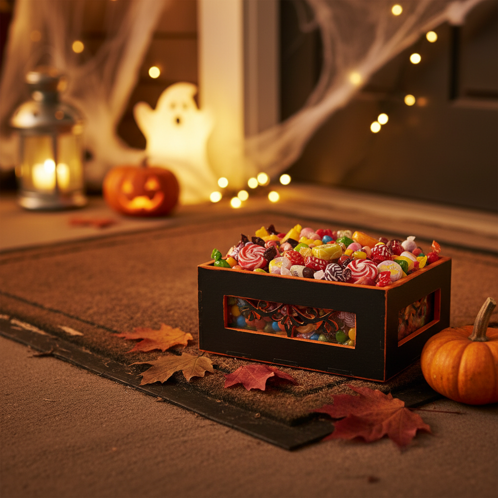 Zbliżenie na gotową, czarno-pomarańczową skrzynkę na cukierki, wypełnioną po brzegi kolorowymi słodyczami. Skrzynka stoi na progu domu, obok leży kilka jesiennych liści i mała, prawdziwa dynia. W tle widać lekko rozmyte, klimatyczne dekoracje halloweenowe. Zdjęcie wykonane w ciepłym, wieczornym świetle, tworzącym przytulną i lekko tajemniczą atmosferę.