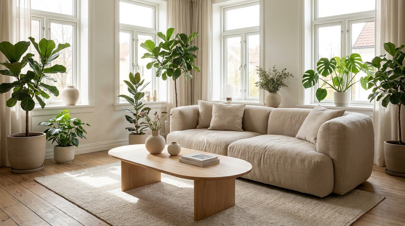 Jasny, przestronny salon zaprojektowany zgodnie z zasadami Feng Shui. Duże okna wpuszczają mnóstwo naturalnego światła. Meble mają zaokrąglone kształty – owalny stolik kawowy, miękka sofa o łagodnej linii. Wnętrze jest minimalistyczne, ale przytulne, z dużą ilością żywych roślin i naturalnych materiałów, takich jak drewno i len. Panuje tu atmosfera absolutnego spokoju i relaksu.