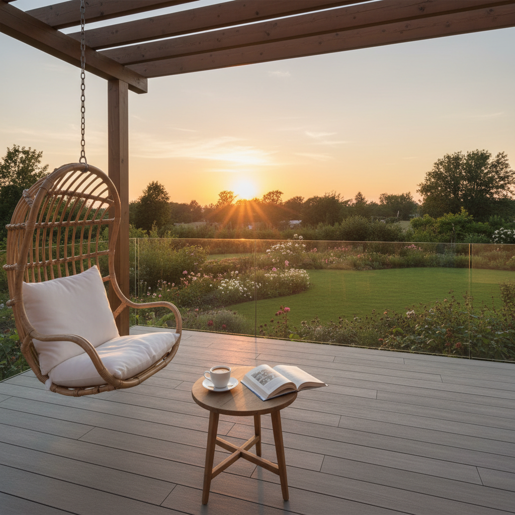 Nowoczesny taras z widokiem na ogród. Na tarasie stoi elegancki, wiszący fotel w stylu boho, wykonany z jasnego rattanu, z miękkimi, białymi poduszkami w środku. Obok fotela stoi mały stolik z filiżanką kawy i książką, a w tle widać zachodzące słońce.