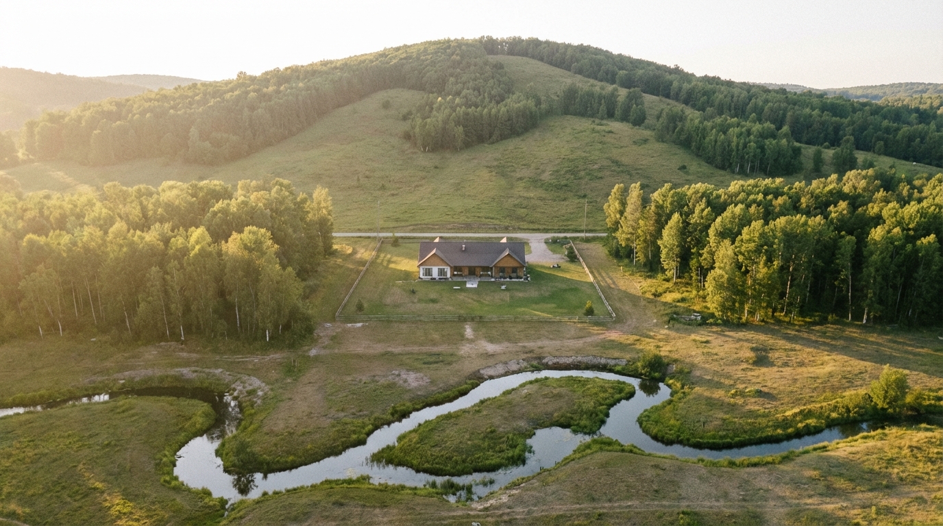 Artystyczna wizualizacja działki z lotu ptaka, ukazująca harmonijny krajobraz zgodny z Feng Shui. Na środku prostokątnej parceli stoi dom. Za nim wznosi się łagodne, zalesione wzgórze, a po bokach rosną kępy drzew. Przed domem znajduje się otwarta przestrzeń z małym, meandrującym strumykiem. Całość skąpana jest w miękkim, złotym świetle, emanując spokojem i naturą.