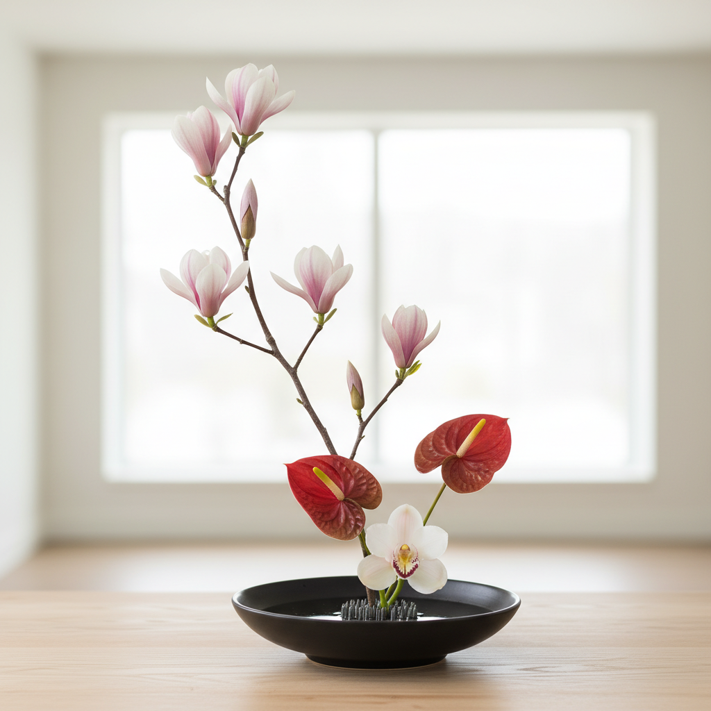 Elegancka, minimalistyczna kompozycja Ikebana w stylu Moribana. Składa się z jednej gałęzi kwitnącej magnolii, dwóch liści anturium oraz pojedynczego, białego storczyka cymbidium. Całość umieszczona jest w płaskiej, czarnej ceramicznej misie z widocznym kenzanem. Kompozycja stoi na drewnianym stole w jasnym, nowoczesnym wnętrzu z rozmytym tłem. Światło jest miękkie i naturalne, podkreślające harmonię i spokój.