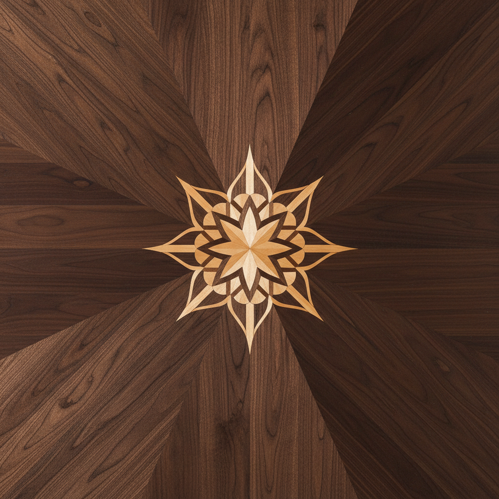 Ujęcie z góry na fragment luksusowej, lśniącej podłogi z ciemnego drewna orzechowego. W jej centrum znajduje się misternie wykonany wzór intarsji w kształcie rozety, stworzony z jaśniejszych gatunków drewna, takich jak klon i jesion. Światło pięknie odbija się od polerowanej powierzchni, podkreślając bogactwo detali i kunszt wykonania.