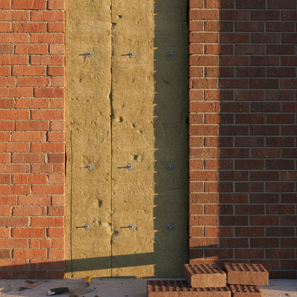 Zbliżenie na ścianę w trakcie budowy. Widoczna jest czerwona ceglana warstwa nośna, do której przymocowane są płyty wełny mineralnej za pomocą kotew z talerzykami. Pomiędzy wełną a budowaną elewacją z cegły klinkierowej widać wyraźną szczelinę wentylacyjną. Słoneczny dzień, ciepłe światło.