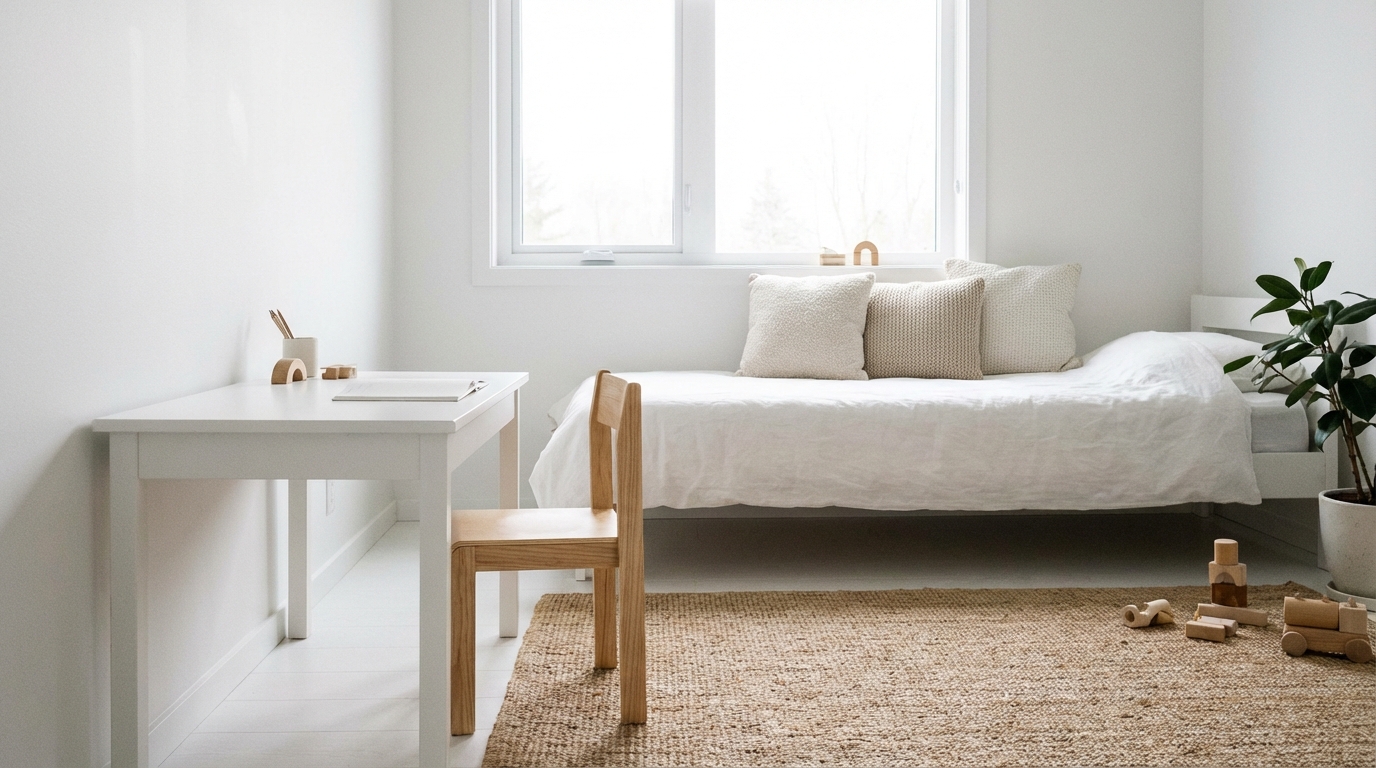 Szerokie ujęcie minimalistycznego pokoju dziecka, zdominowanego przez biel. Na pierwszym planie białe biurko z drewnianym krzesłem. W tle łóżko z białą pościelą i kilkoma teksturowanymi poduszkami. Duże okno wpuszcza mnóstwo naturalnego, miękkiego światła. Całość utrzymana w stylu skandynawskim, emanuje spokojem i porządkiem.