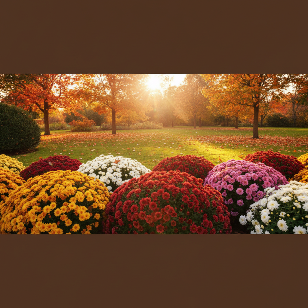 Szerokie ujęcie malowniczego, jesiennego ogrodu w ciepłym świetle zachodzącego słońca. Na pierwszym planie bujne, kolorowe kępy chryzantem w odcieniach złota, burgundu, różu i bieli. W tle widać jesienne drzewa i zadbany trawnik pokryty pojedynczymi liśćmi.
