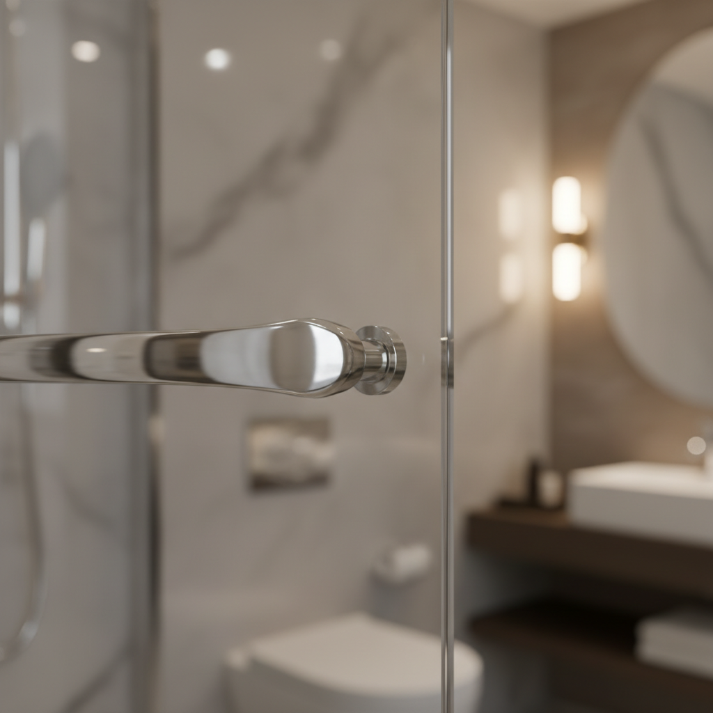 Zbliżenie na elegancki, chromowany uchwyt kabiny prysznicowej z serii Radaway Fuenta New. Uchwyt ma opływowy, nowoczesny kształt i jest zamontowany na dużej tafli idealnie przezroczystego szkła. W tle widać rozmyte, luksusowe wnętrze łazienki z ciepłym oświetleniem. Detal jest sfotografowany z małą głębią ostrości, podkreślając precyzję wykonania i luksusowy połysk metalu.