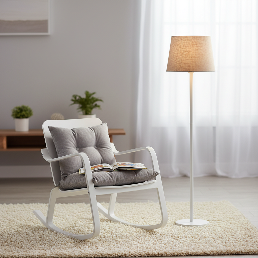 Stylowy, biały fotel bujany z szarą poduszką, stojący na miękkim dywanie. Obok fotela stoi wysoka, smukła lampa podłogowa z abażurem pasującym do wystroju. Na fotelu leży otwarta książka dla dzieci. Scena jest ciepła i zachęcająca.
