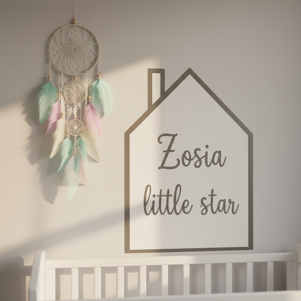 Delikatne ujęcie ściany nad białym łóżeczkiem. Widać na niej naklejkę w kształcie domku z napisem „Zosia little star”. Powyżej, lekko z boku, wisi ręcznie robiony łapacz snów z pastelowymi piórkami. Całość utrzymana w miękkim, naturalnym świetle.