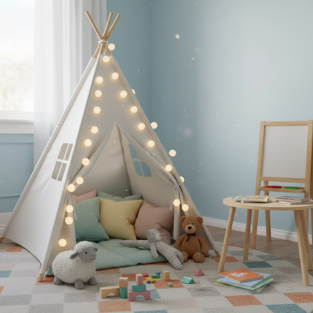 Przytulny kącik w pokoju dziecka z namiotem tipi ozdobionym światełkami. Wewnątrz miękkie poduszki i pluszowe zabawki. Na podłodze miękki, wzorzysty dywan.