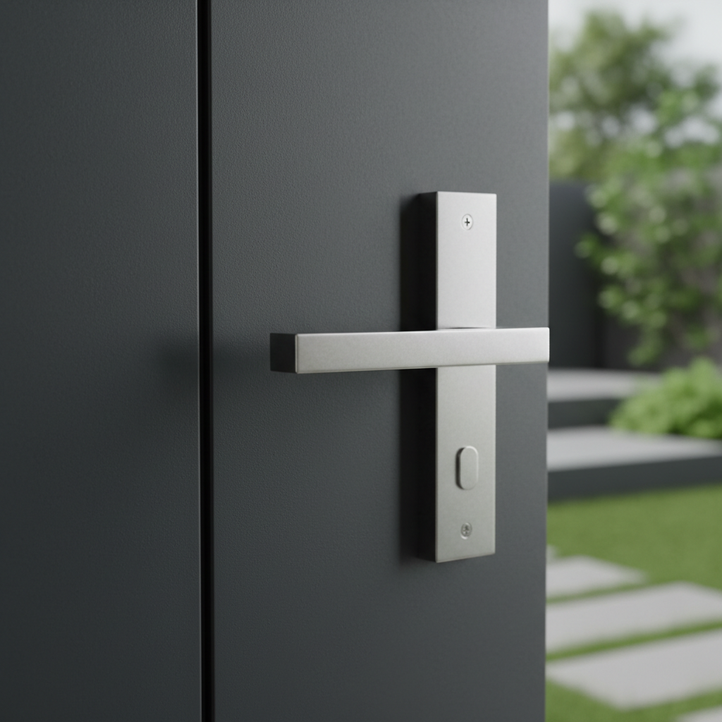 Zbliżenie na nowoczesny, długi pochwyt ze stali nierdzewnej zamontowany na antracytowych drzwiach DECO. Widoczny fragment skrzydła z subtelną, matową fakturą. Światło delikatnie odbija się od metalowych elementów, podkreślając precyzję wykonania i solidność konstrukcji. Tło jest lekko rozmyte, skupiając uwagę na detalach związanych z bezpieczeństwem i designem.