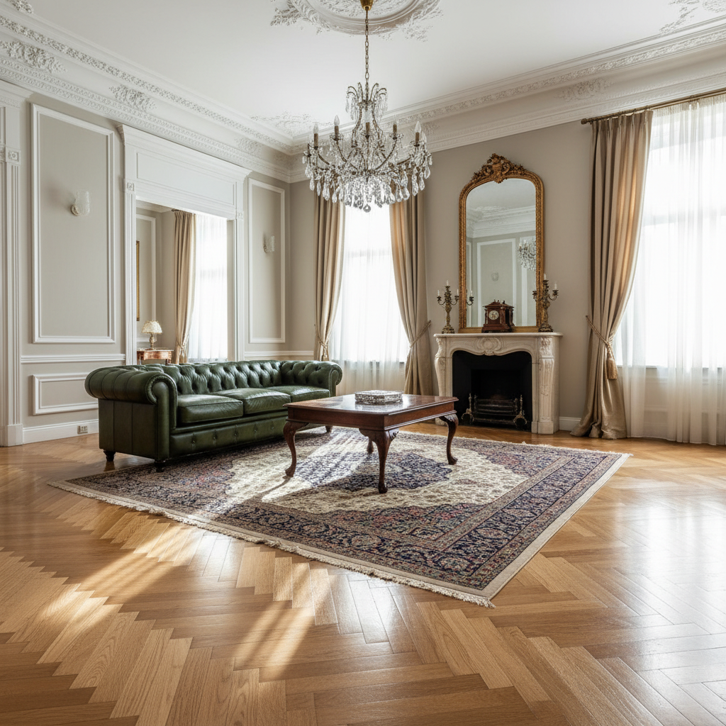 Elegancki salon w stylu klasycznym, z wysokim sufitem i sztukaterią. Centralnym punktem jest piękny, błyszczący parkiet dębowy ułożony we wzór jodełki francuskiej. Na podłodze stoi stylowa sofa chesterfield i antyczny stolik kawowy. Światło z kryształowego żyrandola odbija się w wypolerowanej podłodze.