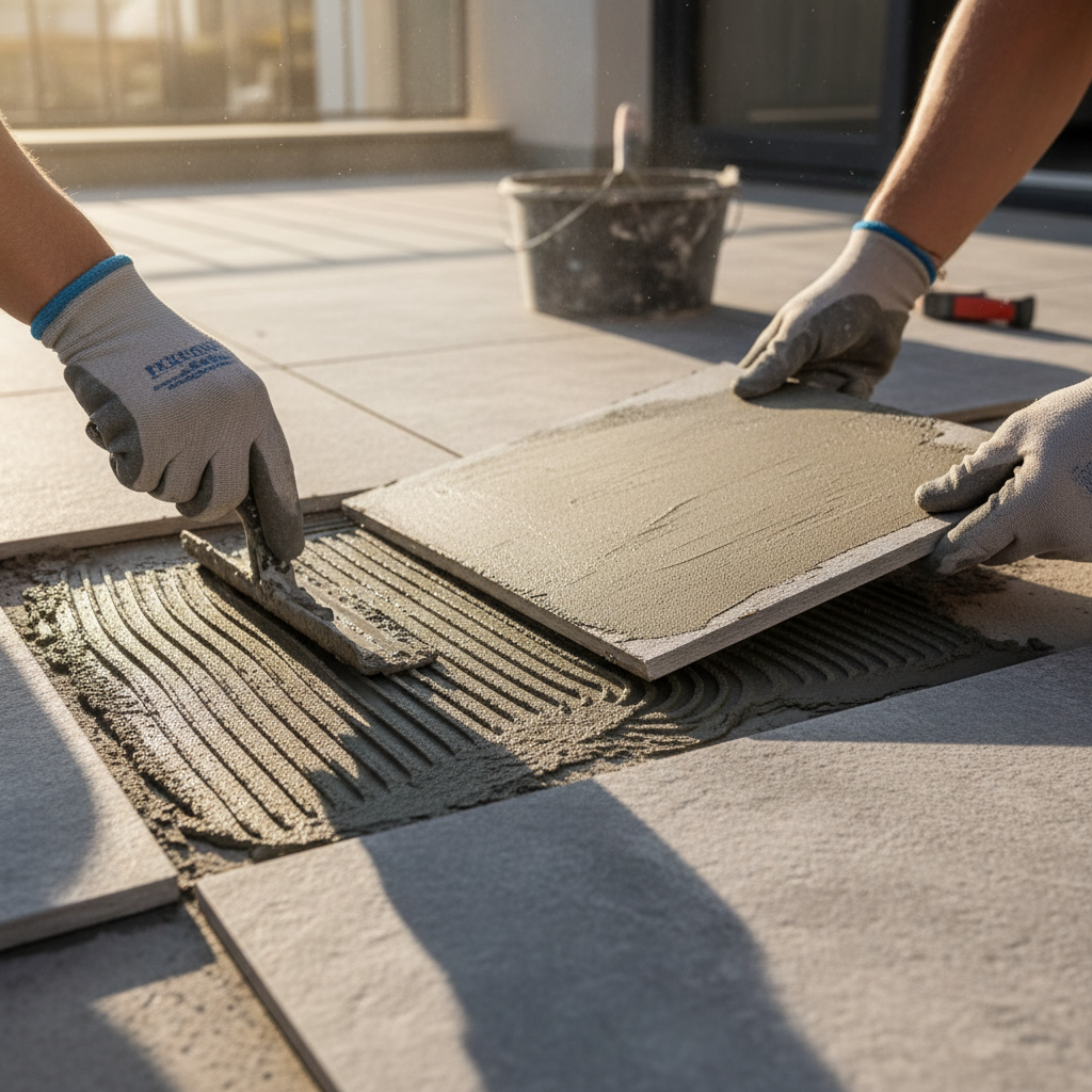 Ujęcie z perspektywy wykonawcy pokazujące proces klejenia płytki gresowej. Jedna dłoń trzyma pacę zębatą, którą rozprowadzany jest klej na podłożu tarasu, a druga dłoń trzyma płytkę, której spód jest już pokryty cienką warstwą tej samej zaprawy klejącej. Słońce delikatnie oświetla scenę.