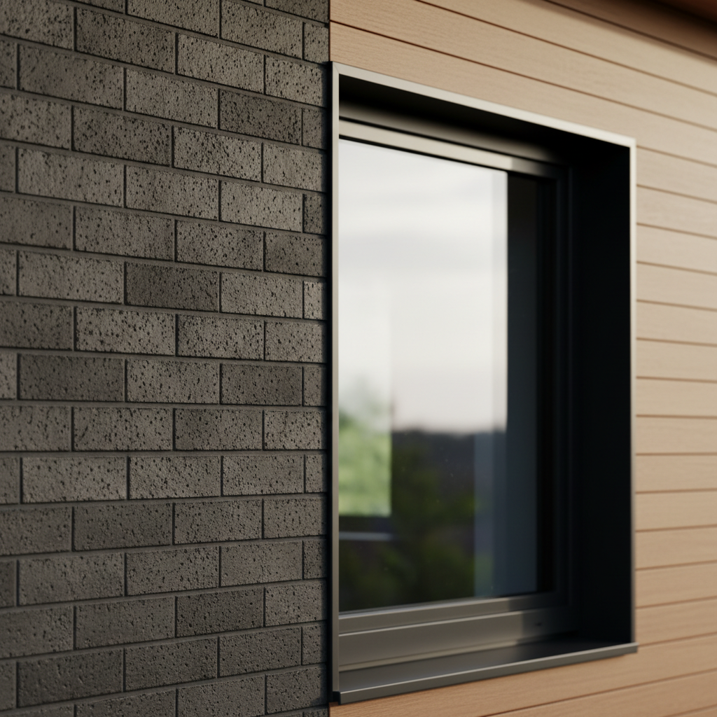 Zbliżenie na fragment elewacji nowoczesnego domu, pokazujące harmonijne połączenie tekstur. Ciemnoszara, surowa cegła klinkierowa spotyka się z gładką, ciepłą, drewnianą okładziną i ramą dużego, czarnego okna. Delikatne, boczne światło podkreśla trójwymiarową fakturę obu materiałów.