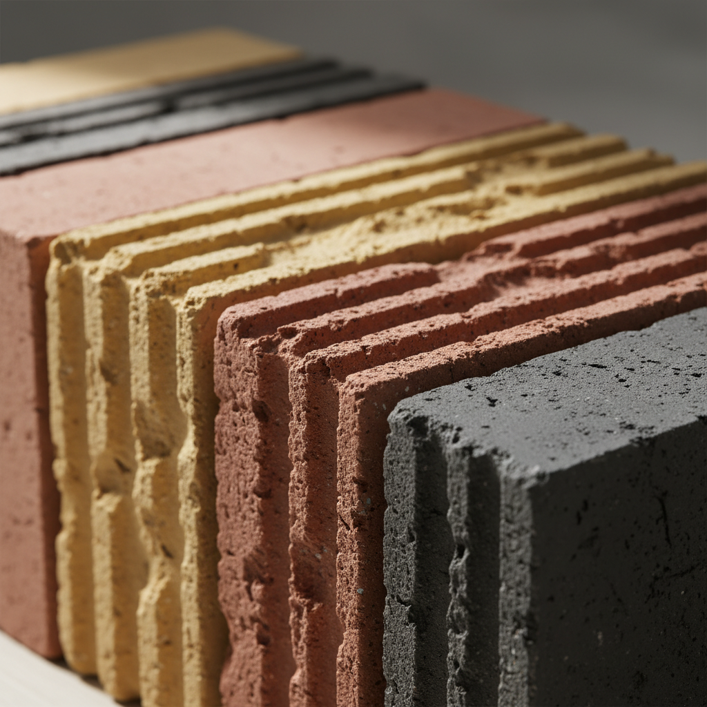 Estetyczne ujęcie z bliska kilku próbek cegieł klinkierowych ułożonych obok siebie. Cegły różnią się kolorem (od ciepłej czerwieni, przez piaskowy żółty, po nowoczesny antracyt) i fakturą (gładka, ryflowana, ręcznie formowana). Światło subtelnie podkreśla ich strukturę i naturalne piękno.