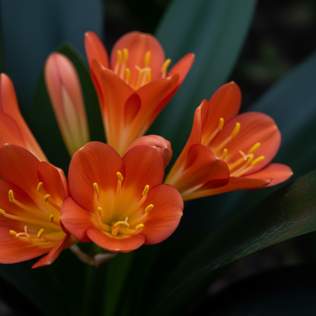 Makrofotografia ukazująca z bliska kwiatostan kliwii pomarańczowej. Ostrość skupiona jest na kilku dzwonkowatych, intensywnie pomarańczowych kwiatach z delikatnie żółtymi pręcikami. W tle widać rozmyte, ciemnozielone liście. Zdjęcie podkreśla aksamitną teksturę płatków i żywą kolorystykę, emanując ciepłem i egzotyką.