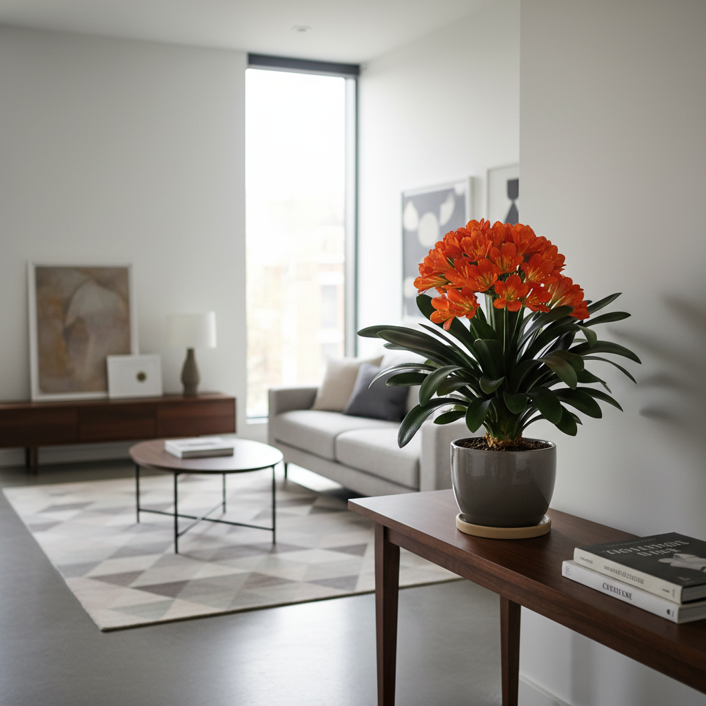 Elegancki, nowoczesny salon z minimalistycznym wystrojem. Na komodzie z ciemnego drewna stoi duża, dojrzała kliwia pomarańczowa w pełnym rozkwicie. Jej intensywnie pomarańczowe kwiaty stanowią jedyny mocny akcent kolorystyczny w pomieszczeniu. Światło wpadające przez duże okno delikatnie oświetla roślinę, podkreślając połysk jej ciemnozielonych, skórzastych liści. Całość tworzy atmosferę spokoju i wyrafinowania.