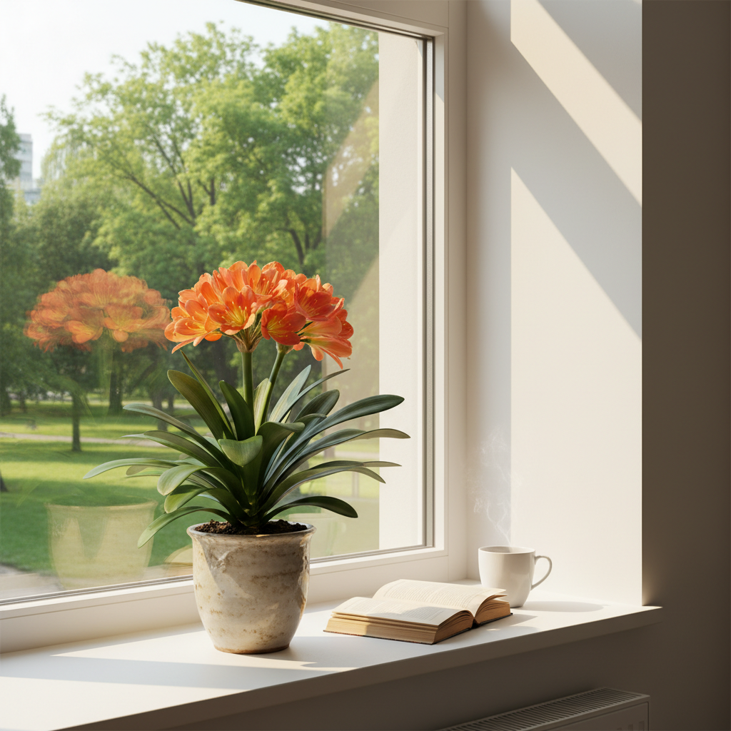 Kliwia pomarańczowa w pełnym rozkwicie, ustawiona na parapecie szerokiego okna w nowoczesnym mieszkaniu. Za oknem widać zieleń miejskiego parku. Promienie porannego słońca delikatnie prześwietlają pomarańczowe płatki kwiatów, tworząc ciepłe refleksy na białej ścianie. Obok doniczki leży otwarta książka i filiżanka kawy, co buduje relaksujący, domowy nastrój.