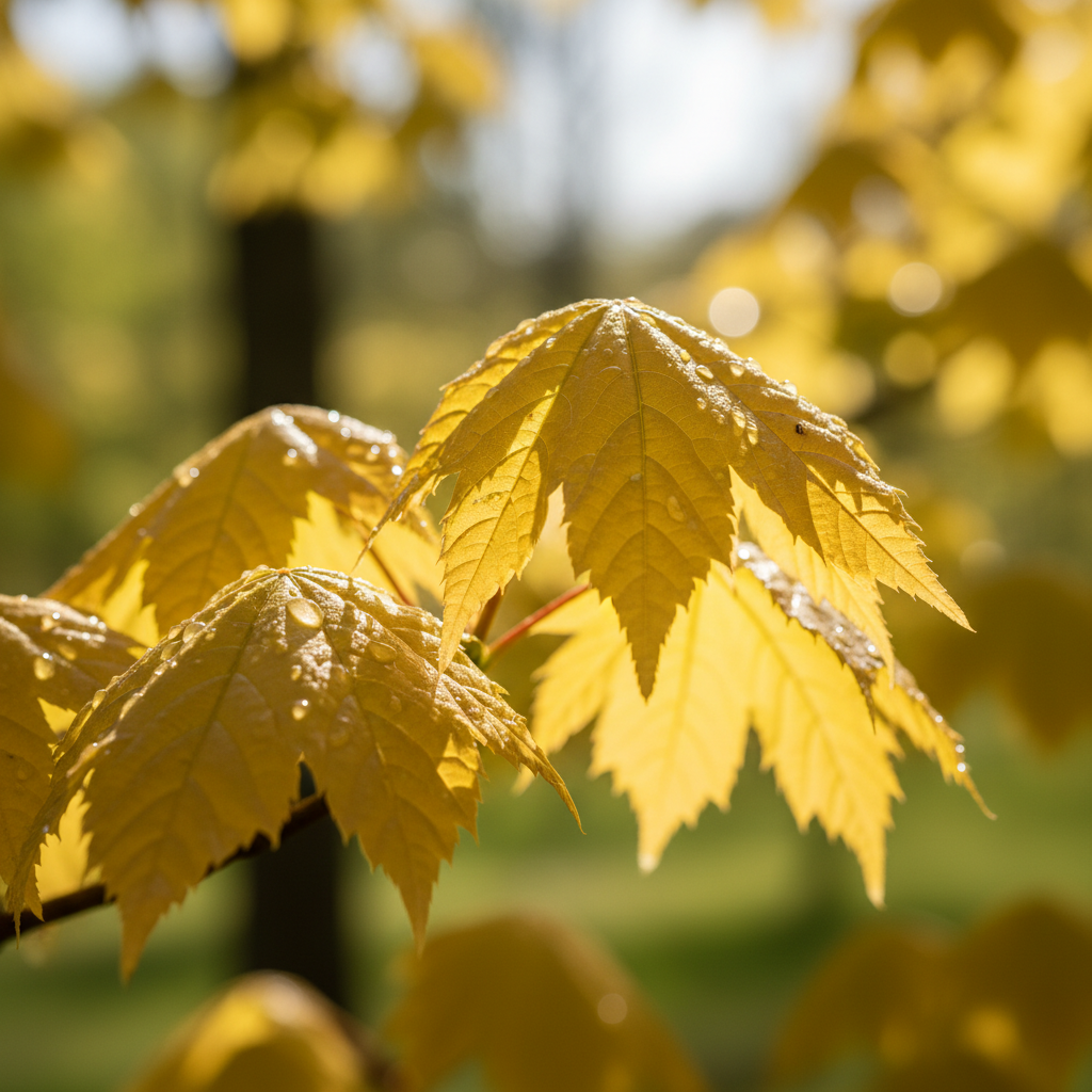 Fotorealistyczne zbliżenie na liście klonu jesionolistnego 'AURATUM' w pełni wiosennego słońca. Jasne, złocisto-żółte liście są delikatnie podświetlone od tyłu, co uwydatnia ich subtelną strukturę i unerwienie. Tło jest delikatnie rozmyte, skupiając całą uwagę na pięknie i kolorze liści.
