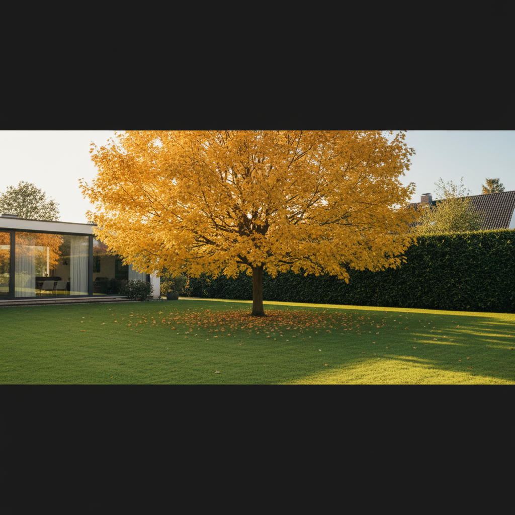 Szerokie ujęcie malowniczego ogrodu, w którego centrum rośnie okazały klon jesionolistny 'AURATUM'. Drzewo jest posadzone samotnie na idealnie przystrzyżonym, zielonym trawniku. W tle widać fragment nowoczesnego domu z dużymi oknami oraz ciemnozielony żywopłot, który stanowi doskonałe tło dla złocistej korony klonu. Scena jest skąpana w ciepłym świetle późnego popołudnia.