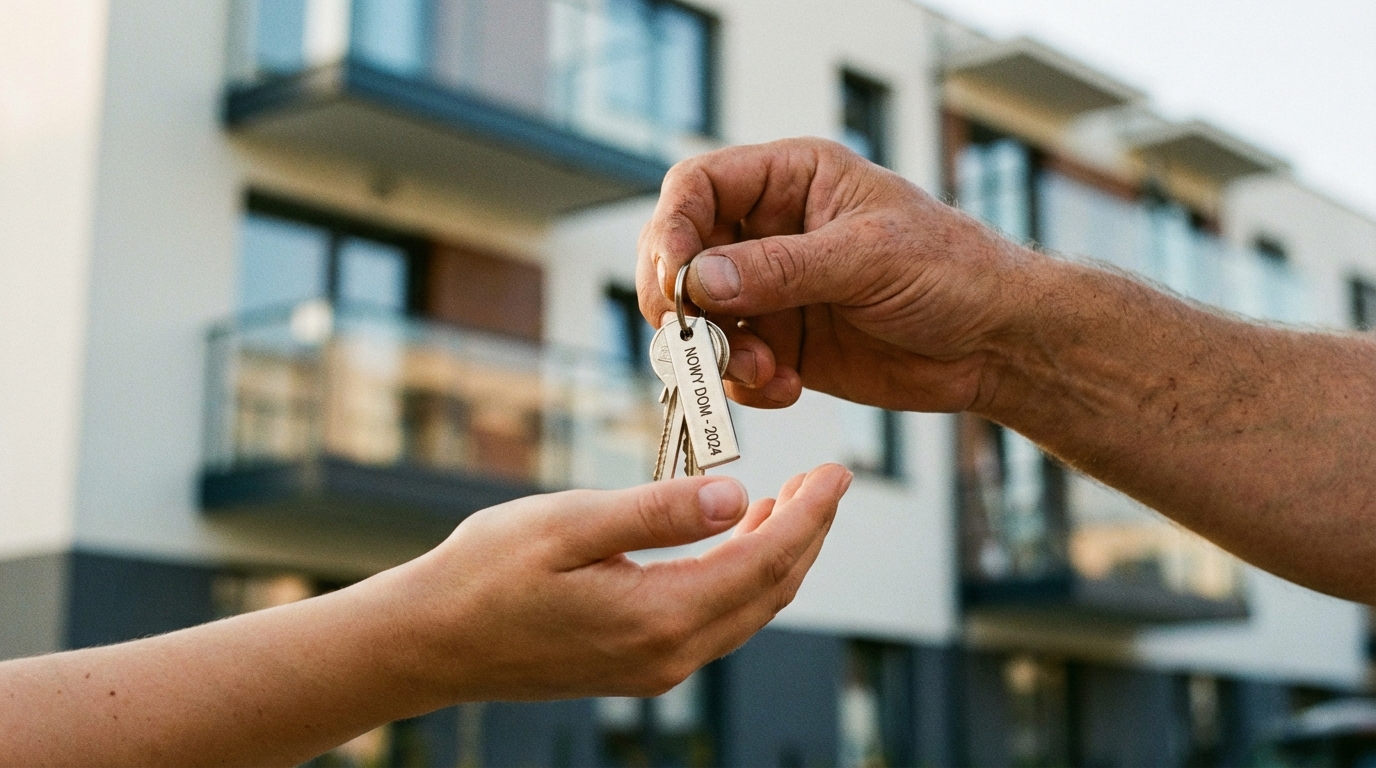 zbliżenie na dłonie przekazujące klucze do nowego mieszkania, w tle rozmyty obraz nowoczesnego budynku mieszkalnego