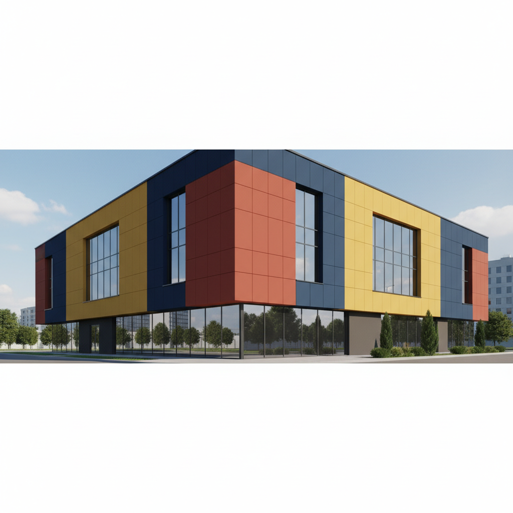 Kolorowa elewacja - Elegancka fasada nowoczesnego budynku biurowego lub apartamentowca, podzielona na segmenty w różnych odważnych, nasyconych kolorach - głęboki granat, ceglasta czerwień i musztardowa żółć. Gładka faktura tynku akrylowego podkreśla czystość linii architektonicznych.