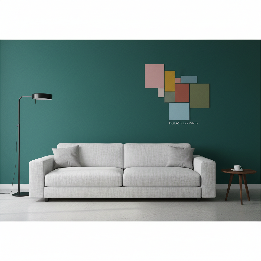 Stylowe, minimalistyczne wnętrze z białą sofą. Za sofą znajduje się ściana akcentowa pomalowana na głęboki, szmaragdowy kolor. Na fragmencie ściany w artystyczny sposób zaprezentowane są próbki innych, harmonizujących kolorów, co nawiązuje do bogatej palety barw Dulux. Światło z nowoczesnej lampy podłogowej podkreśla matowe wykończenie farby.