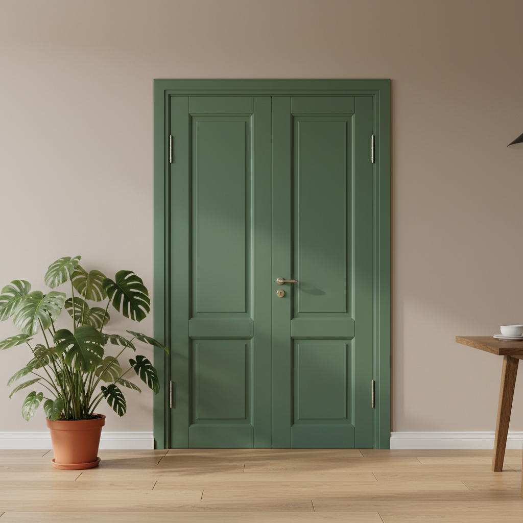 Stylowe wnętrze, w którym głównym akcentem są pięknie pomalowane drzwi w głębokim, szałwiowym odcieniu zieleni (kolor żywiołu Drewna). Drzwi mają subtelne, klasyczne tłoczenia. Stoją w kontraście do jasnej ściany, a obok nich stoi zdrowa, zielona roślina doniczkowa, co potęguje wrażenie harmonii z naturą.