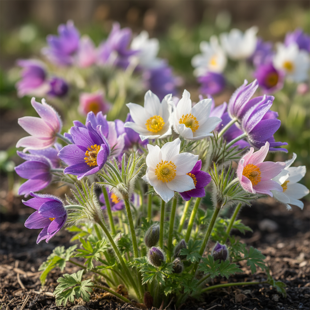 Kolorowe sasanki - Kompozycja kilku kęp sasanek w różnych kolorach – fioletowym, białym i różowym – rosnących blisko siebie na słonecznej rabacie. Tło jest lekko rozmyte, co skupia uwagę na bogactwie barw i delikatnej fakturze kwiatów. Światło jest jasne i naturalne.