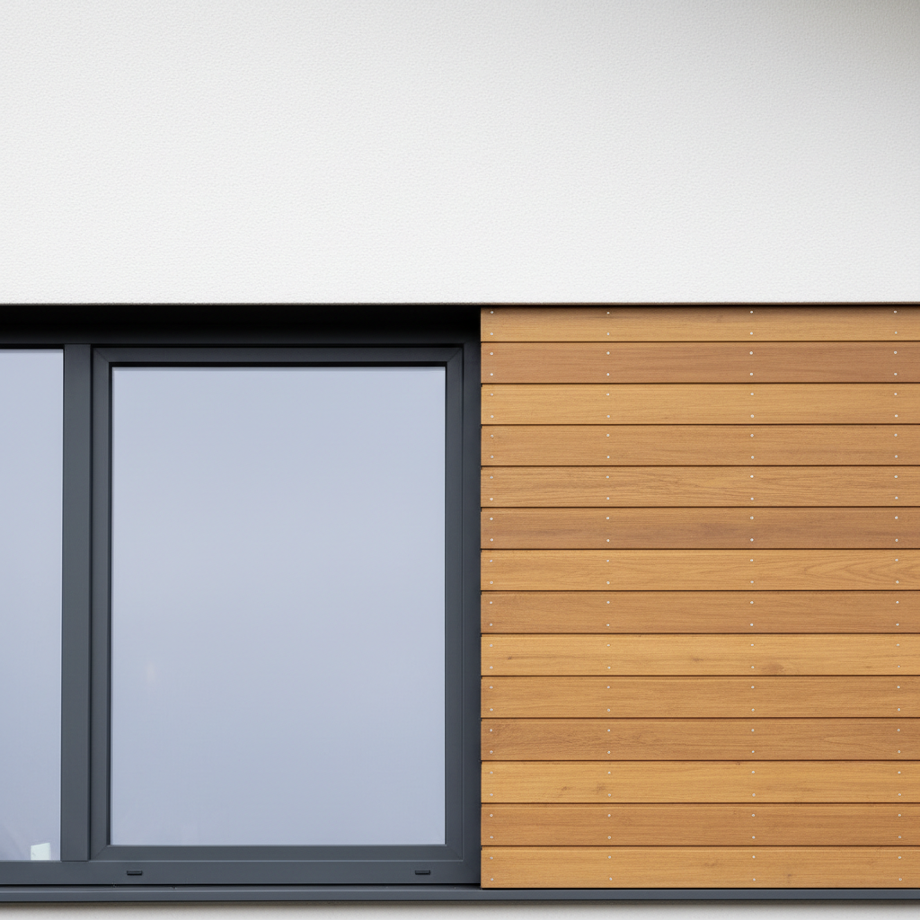 Zbliżenie na fragment elewacji nowoczesnego domu, pokazujące harmonijne połączenie trzech elementów: białego tynku, grafitowej stolarki okiennej oraz panelu z naturalnego, ciepłego drewna. Detal ilustruje grę kolorów i faktur.