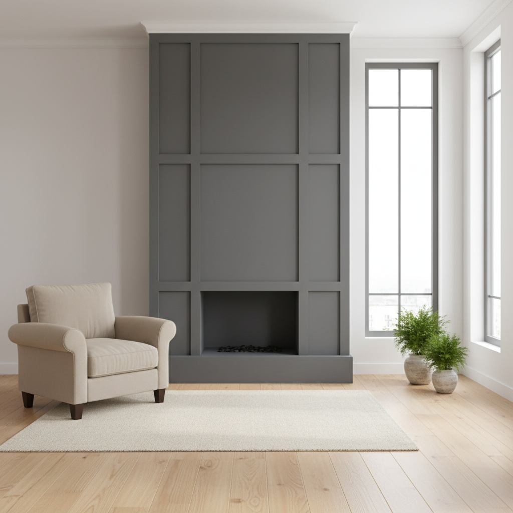 Nowoczesny, minimalistyczny salon z centralnie umieszczonym kominkiem. Obudowa kominka wykonana z płyt gipsowo-kartonowych jest pomalowana na elegancki, matowy kolor grafitowy, który kontrastuje z jasnymi ścianami. Obok kominka stoi wygodny fotel, a na podłodze leży miękki dywan. Światło wpadające przez duże okno subtelnie oświetla scenę, tworząc przytulną i ciepłą atmosferę.