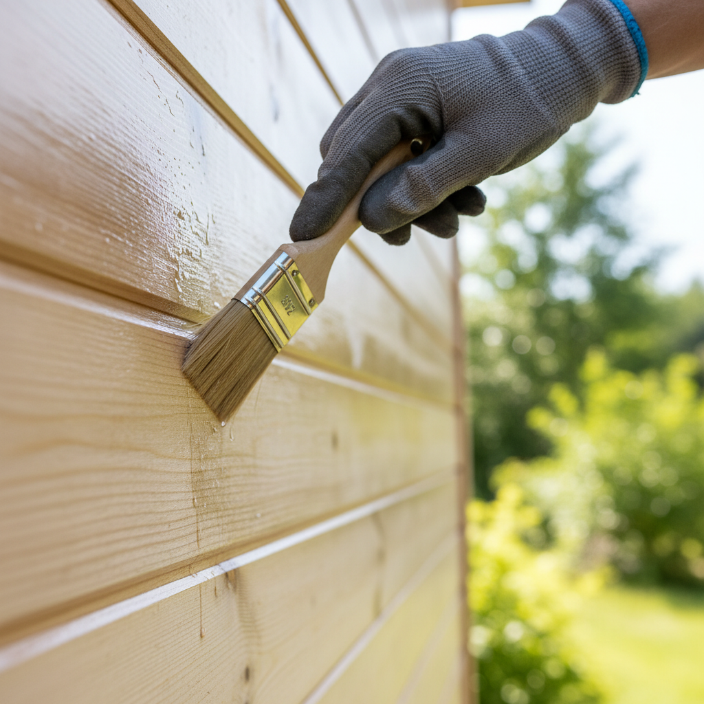 Zbliżenie na dłoń w rękawicy roboczej, trzymającą pędzel i nanoszącą bezbarwny olej ochronny na surowe, jasne deski elewacyjne. W tle widać fragment gotowej, zabezpieczonej elewacji i letnią zieleń.
