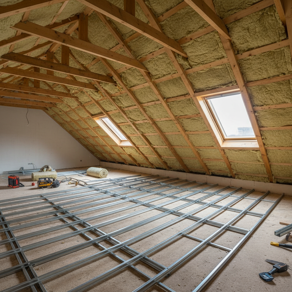 Szeroki kadr pokazujący wnętrze poddasza w trakcie prac. Widoczne są drewniane krokwie z pierwszą warstwą wełny mineralnej między nimi. Na pierwszym planie zamontowany jest srebrzysty, metalowy ruszt z profili stalowych, gotowy na przyjęcie drugiej warstwy ocieplenia. Zdjęcie ilustruje kluczowy etap montażu.