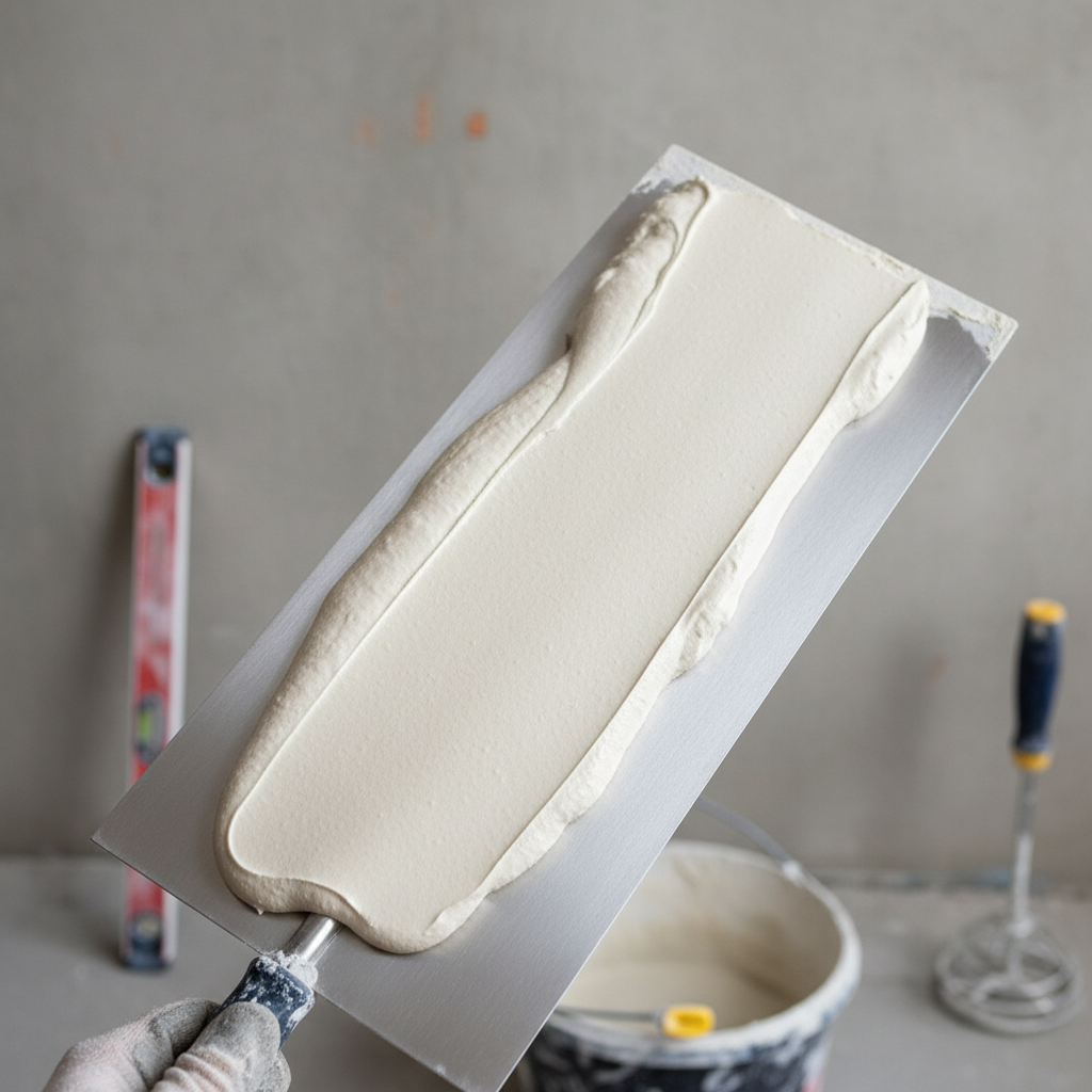 Czysta, stalowa paca tynkarska trzymana pod kątem, na której znajduje się idealnie przygotowana, gładka zaprawa gipsowa. Masa jest gęsta, nie spływa z narzędzia, a jej powierzchnia jest jednolita. W tle widać fragment ściany i inne narzędzia budowlane, co nadaje kontekstu.