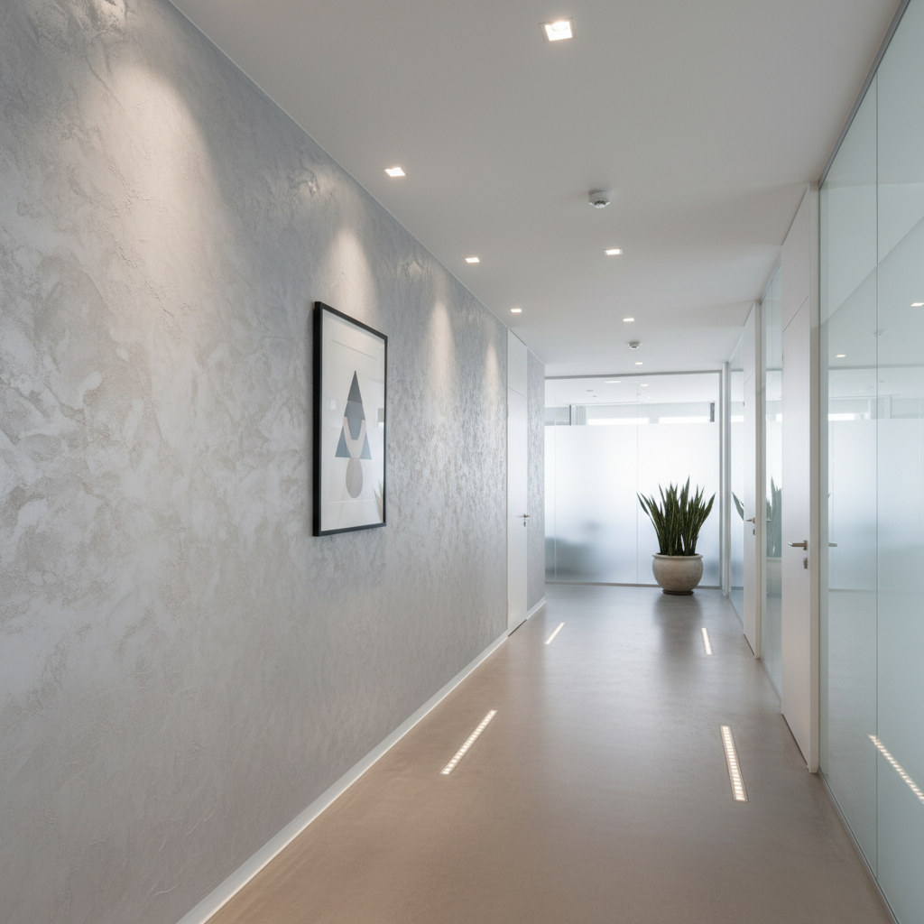 Jasny, przestronny korytarz w nowoczesnym biurze. Jedna ze ścian jest w całości pokryta tynkiem kwarcowym Francesco Guardi w eleganckim, jasnoszarym kolorze. Na ścianie wisi prosta, czarna ramka z grafiką. Światło z sufitowych reflektorów dyskretnie podkreśla trójwymiarową strukturę tynku, nadając wnętrzu profesjonalnego i prestiżowego wyglądu.
