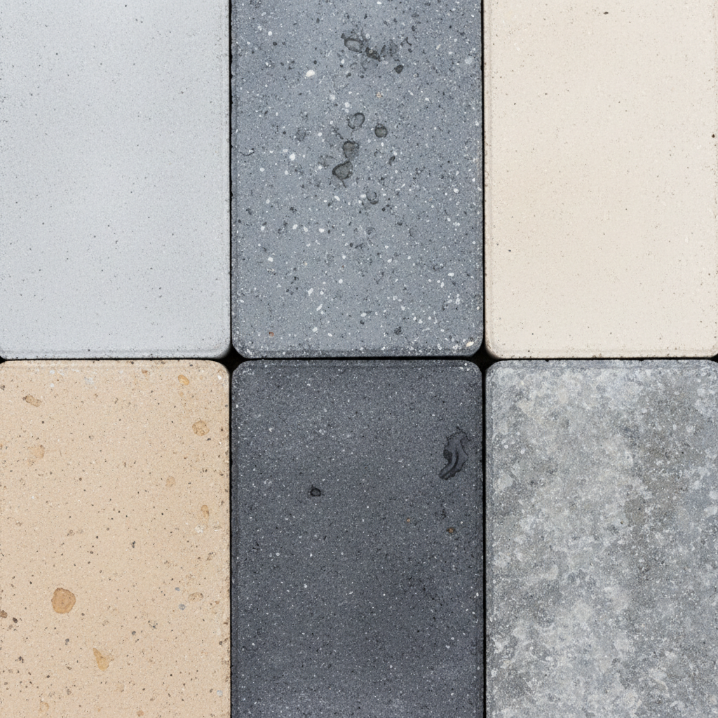 Zbliżenie na fakturę kilku rodzajów kostki brukowej ułożonych obok siebie. Widoczne są różne kolory (odcienie szarości, beżu) i wykończenia powierzchni (gładka, płukana, postarzana). Kompozycja jest estetyczna, a światło subtelnie podkreśla strukturę materiału.