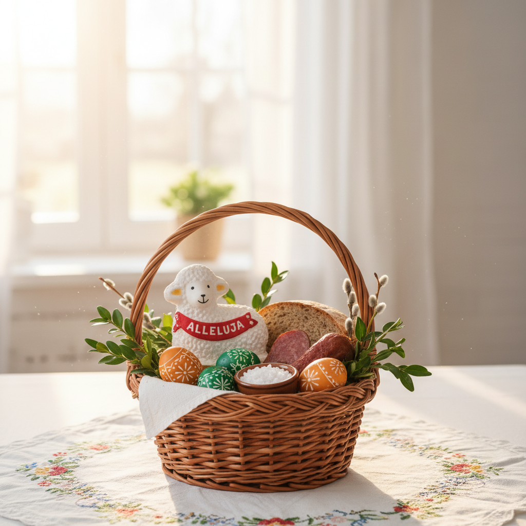 Pięknie udekorowany, tradycyjny wiklinowy koszyczek wielkanocny, wypełniony pokarmami. W środku widoczny baranek z cukru z czerwoną chorągiewką, kolorowe pisanki, kawałek chleba, wędlina, sól w małym naczynku oraz gałązki bukszpanu i bazie. Koszyczek stoi na białym, haftowanym obrusie, w tle delikatnie rozmyte, jasne wnętrze domu z pierwszymi promieniami wiosennego słońca.