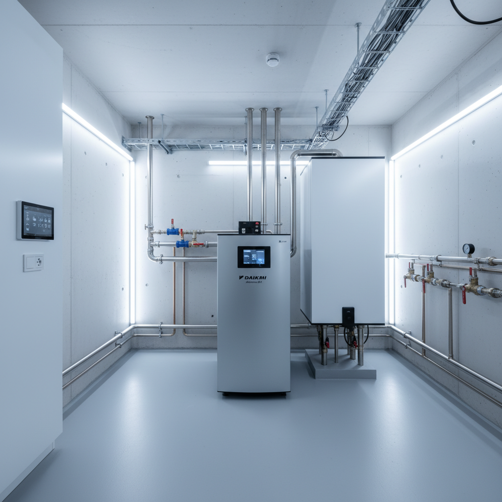 Czyste i nowoczesne pomieszczenie techniczne z pompą ciepła.