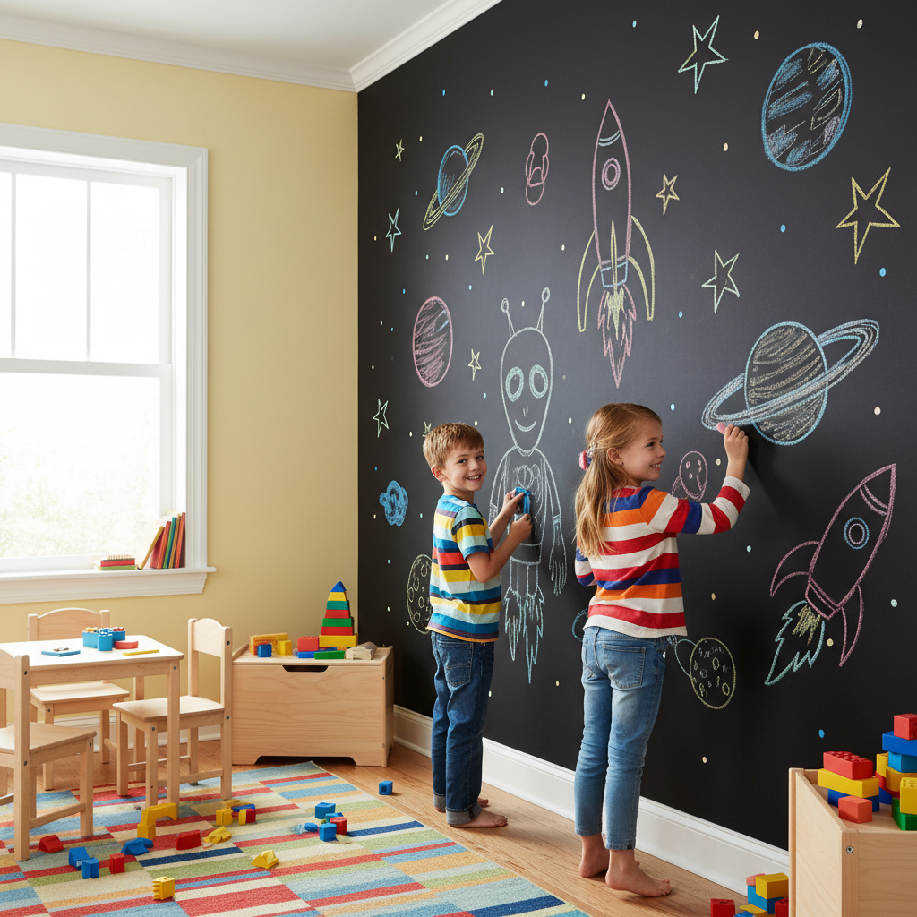Szeroki kadr przedstawiający pokój dziecka, w którym jedna ze ścian jest w całości pomalowana na czarno farbą tablicową. Na ścianie widnieją kolorowe, dziecięce rysunki planet, rakiet i gwiazd. Dwoje dzieci, chłopiec i dziewczynka, z uśmiechem rysuje kredą na ścianie. Pokój jest jasny, a na podłodze leży kolorowy dywan.