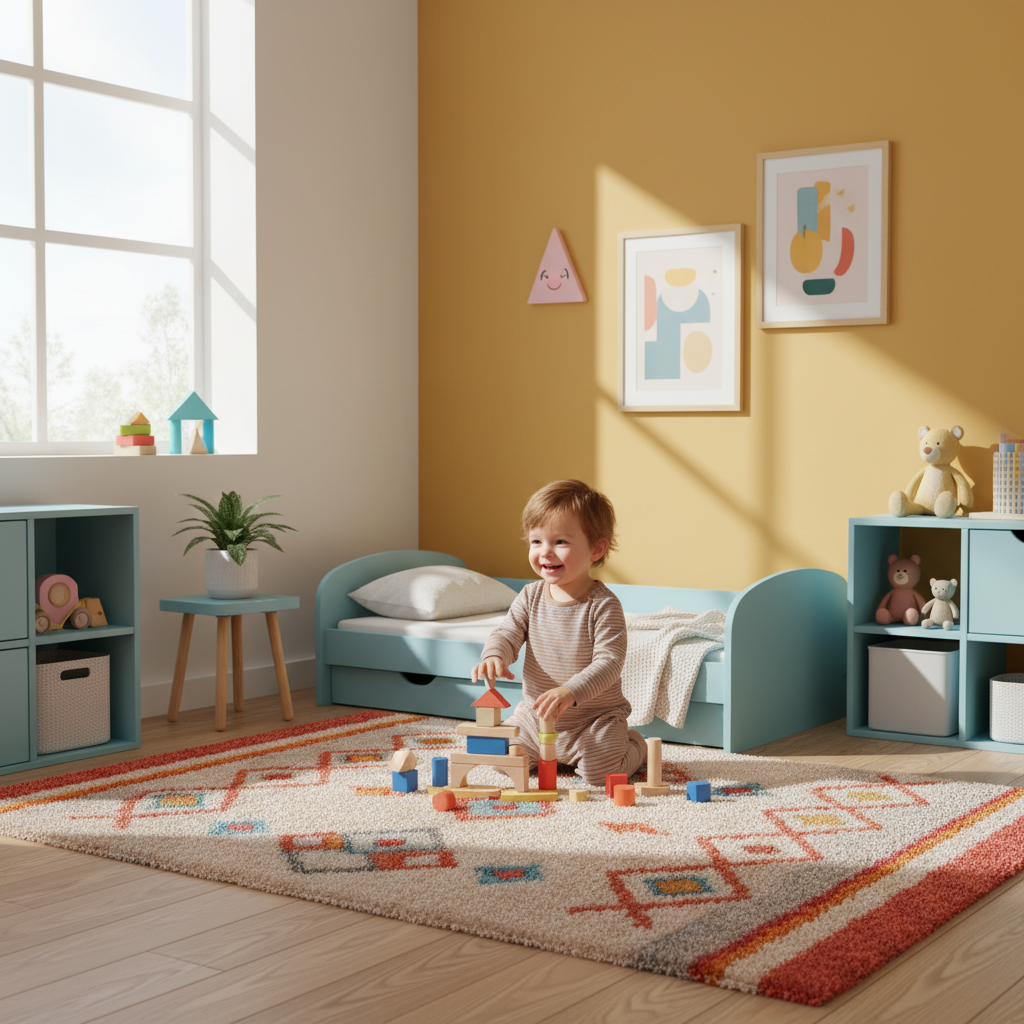 Jasny i radosny pokój dziecka z jedną ścianą w kolorze musztardowej żółci i niebieskimi meblami. Na podłodze kolorowy dywan, a na łóżku siedzi uśmiechnięte dziecko bawiące się drewnianymi klockami. Wnętrze jest nowoczesne i pełne naturalnego światła.