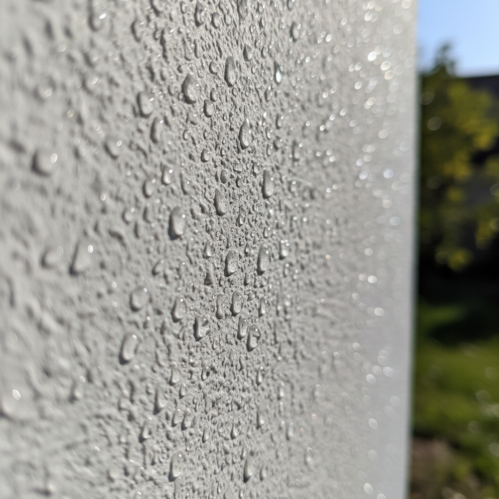 Zbliżenie na fragment ściany pokrytej jasnoszarym tynkiem silikonowym o fakturze "baranka". Na powierzchni tynku widoczne są idealnie okrągłe krople deszczu, które nie wsiąkają, lecz utrzymują się na powierzchni, tworząc efekt perlenia. Tło jest lekko rozmyte, a światło podkreśla hydrofobową naturę materiału.