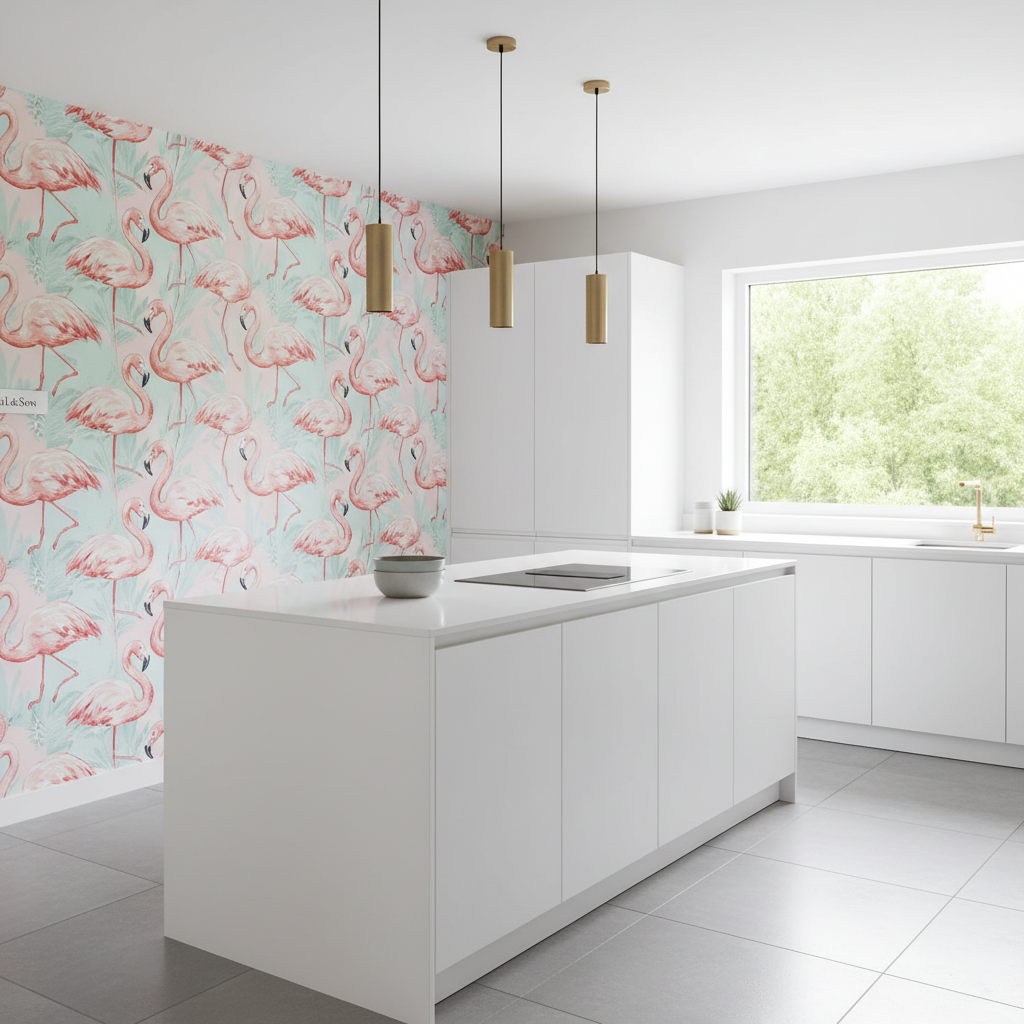 Nowoczesna, biała kuchnia z minimalistycznymi szafkami bez uchwytów. Na jednej ze ścian znajduje się designerska tapeta w pastelowe flamingi (Cole&Son), dodająca wnętrzu unikalnego, radosnego charakteru.