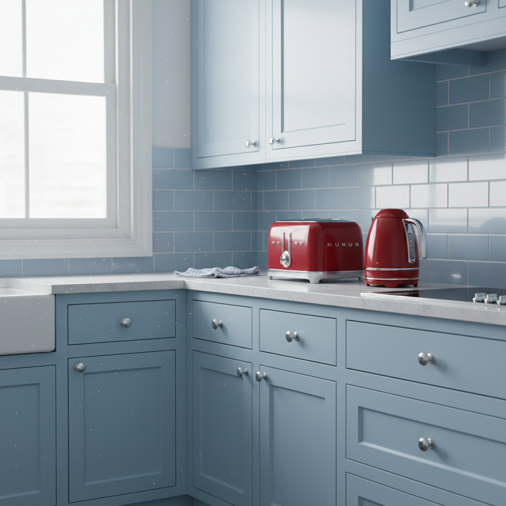 Pastelowe, błękitne szafki kuchenne z chromowanymi uchwytami i czerwony toster w stylu vintage.