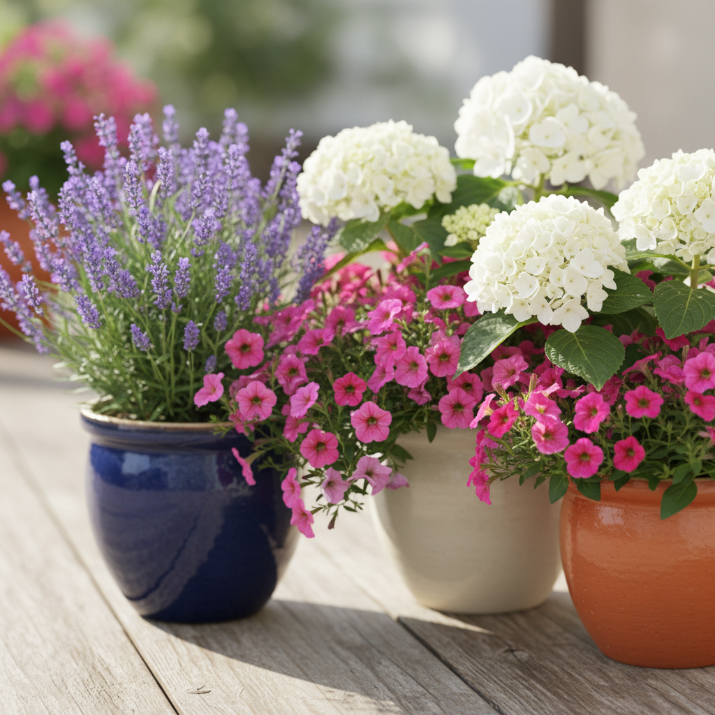 Zbliżenie na kompozycję kolorowych kwiatów w eleganckich, ceramicznych donicach stojących na drewnianej podłodze tarasu. W kompozycji widać fioletową lawendę, różowe surfinie i białe hortensje. Słońce delikatnie oświetla płatki, podkreślając ich żywe barwy i fakturę. Tło jest lekko rozmyte, skupiając uwagę na roślinach.